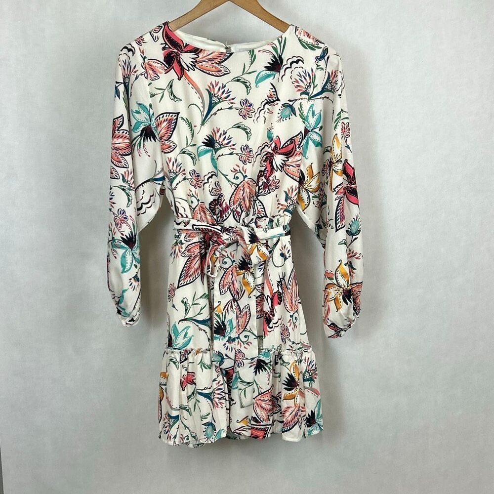 Baltic Born Floral Mini Dress Sz Small Ivory Elastic Waist, 3/4 Puff Sleeve, Ruf